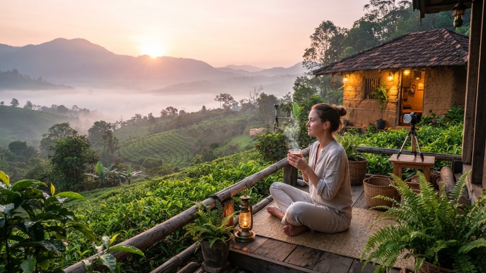 Peaceful sunrise over Sri Lankan tea country